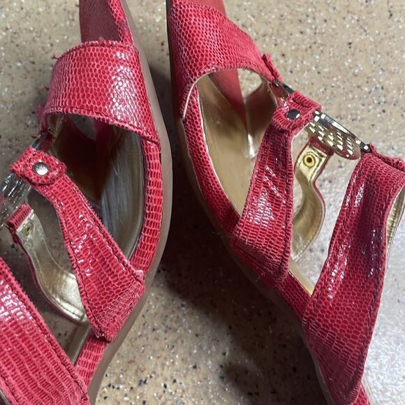 Anne Klein iFlex red lizard embossed sueded leather wood heel comfort sandals - Picture 16 of 16